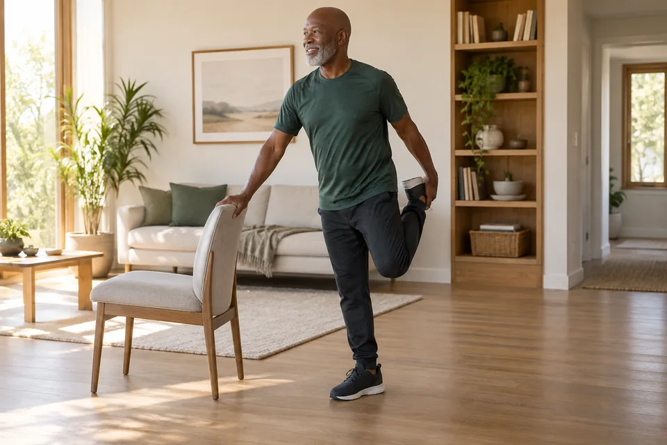 Older man doing supported stretch